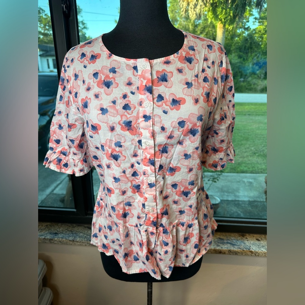 Roebuck & Co Womens Large Peplum Ruffle Sleeve Button Front Floral Size Large